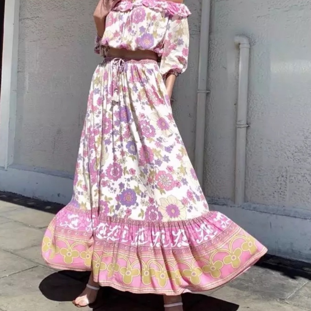 Boho Floral Gypsy Print Maxi Skirt Wild Bloom Pink - Picture 8 of 9